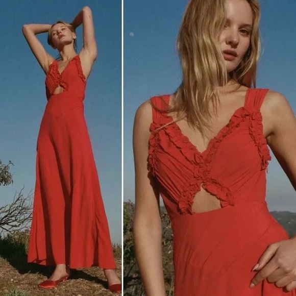 Doen Dresses & Skirts - NWT Doen Amoretta Maxi Dress Tigerlily Red V-neck Ruffled Cut Out Size Xxs